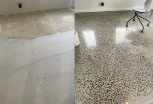 Before and after photos of a concrete floor crack repair on polished stone
