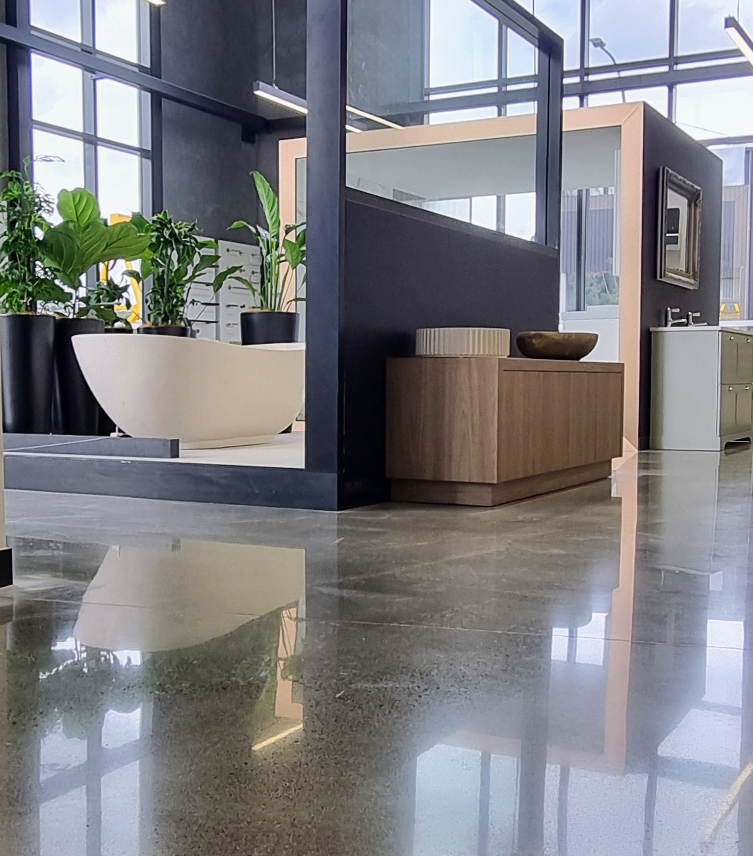 Salt and pepper diamond polished floor harrison bloy retail showroom