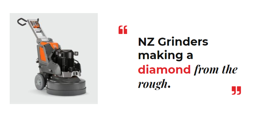 dropdown menu with an image of a concrete grinder with a caption NZ grinders making a diamond from the rough