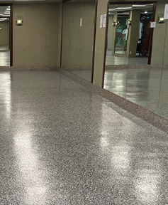 image of black white and grey vinyl flake flooring with an upstand and large mirrors to the side and back wall in foyer with kahaki coloured paint on walls