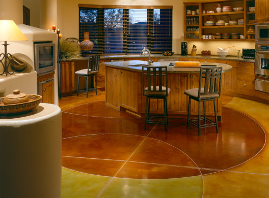 chemical stain for concrete floor nz grinders tauranga lounge diner Chemical stained concrete floor kitchen diner NZ Grinders Tauranga