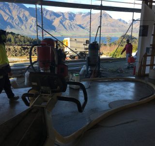 Polished concrete floor in progress with machines Queenstown